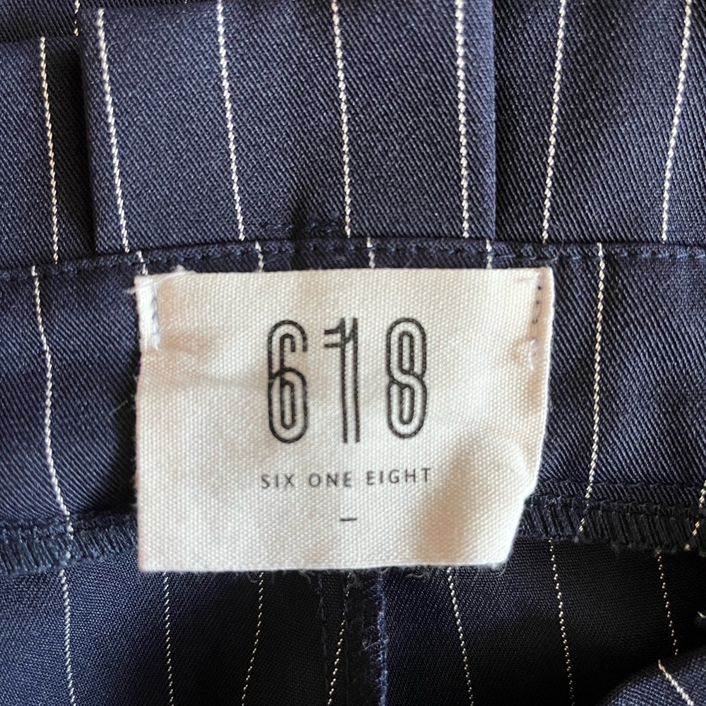 High waisted tie pant, blue and white pin stripe, ankle length